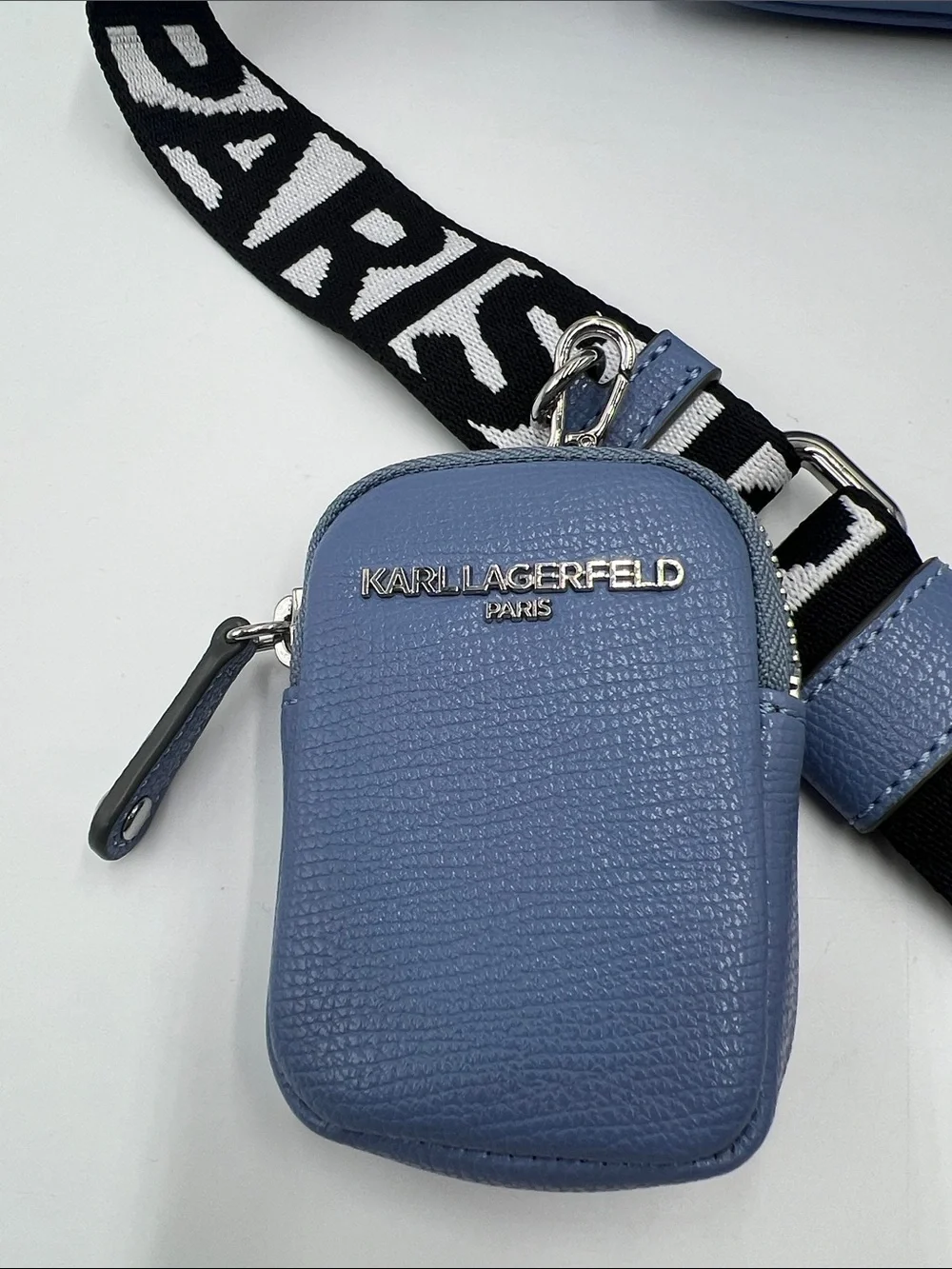 Karl Lagerfeld Perforated Logo Blue Leather Camera Bag with Branded Strap